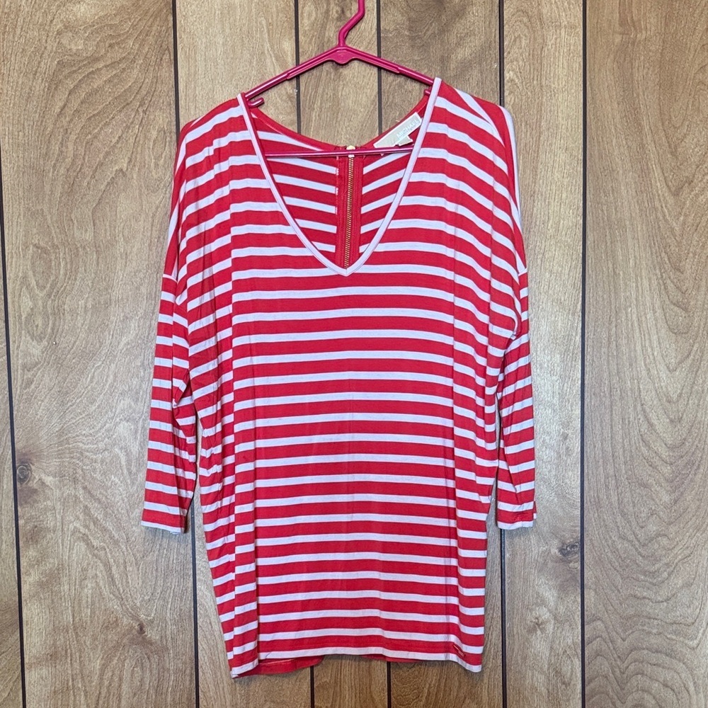 Michael Kors Striped V-Neck Top Red White Full Zip Back Gold Tone Hardware Sz M